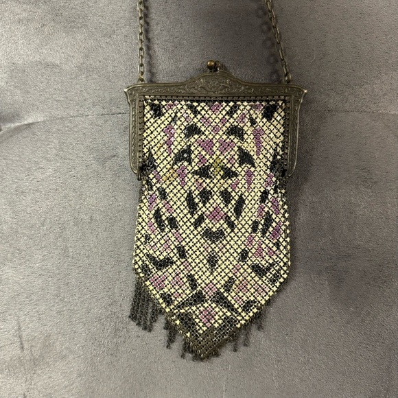 Antique 1920s Mandalin Mfg Co enamel mesh purse wallet handbag silver purple - Picture 2 of 6